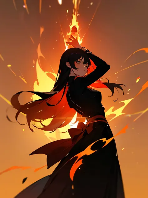 (from behind),With a fiery sunset as my backdrop、Flaming background:1.5、 bright red flame with momentum holding a clear bottle in hand、(Black and Red:1.3),holding a transparent bottle in hand、(Long-haired woman posing for an old dance)、((1girl, silhouette:...