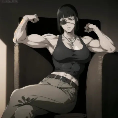 (best quality,ultra-detailed,realistic:1.37),musclaur badass girl with sculpted body with preview her musclaur body and six-pack, full review of the female character face and body, intense expression, strong and confident posture, studio lighting, vivid co...