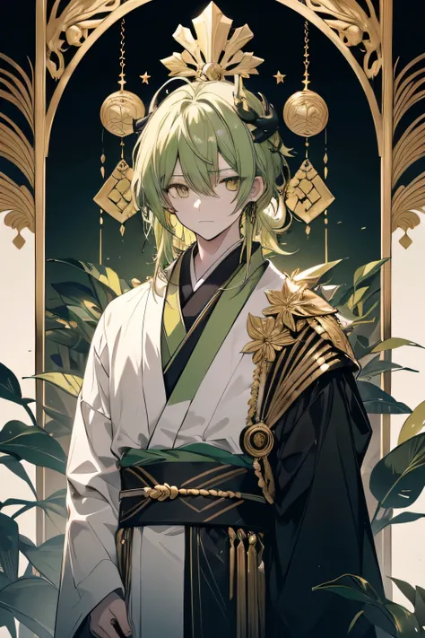 Plant Horns , upper body,Frontal standing,black and white green coat ,kimono,male,(Age 30),One person,Gold decoration, medium hair ,Green Hair,Droopy eyes ,adult, dread ,Mysterious,Tree Spirit,,simple back ground,Golden Eyes,cross arms in front,standing,fr...