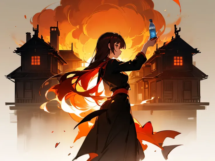 (from behind),((1girl, silhouette:1.3)),(looking away:1.3),(((With the burning house on your back)))、Flaming background:1.5、 bright red flame with momentum holding a clear bottle in hand、(Black and Red:1.3),holding a transparent bottle in hand、( long-haire...