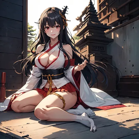 wind music _kantaicollection,
black_hair, length_hair, hair_ ornament, red_eye, Non-traditional_Shrine maiden, chest, big_chest, smile,
(  Masterpiece :1.4),( best quality:1.4), (Premium:1.4), ( amazing illustration :1.4), ( ultra detail:1.4),(Art CG, 8k),...