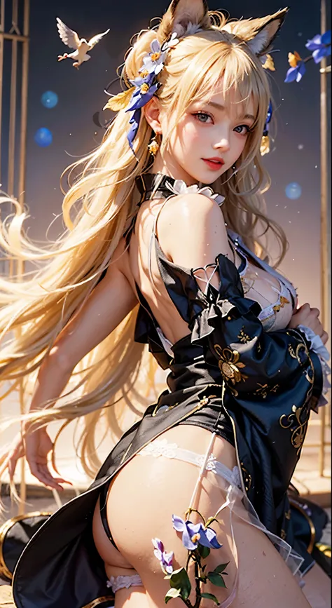 (Blonde Hair), ((Side Pose)), Fox Ears, Brunette Girl, big Smile, Super beautiful sparkling eyes、 Hanging from the ceiling with the arm tied with a rough rope、sweat、The rope bound her body、 wet body、 Legs Hanging from Shackles 、 and a large amount of fluid...