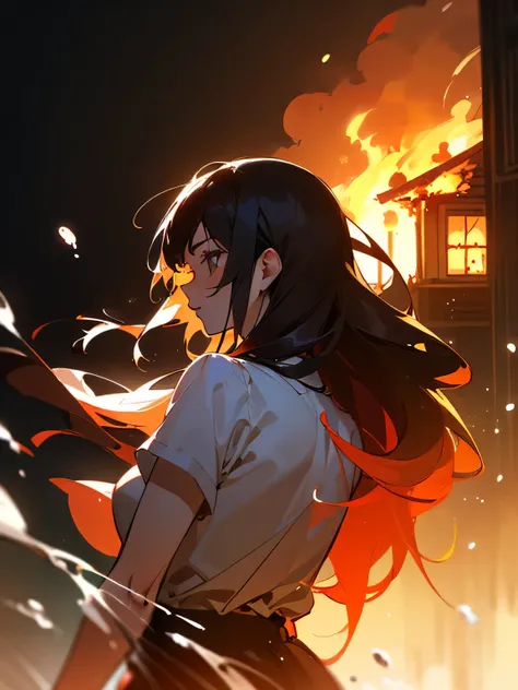 (from behind),((1girl,upperbody, silhouette:1.3)),(looking away:1.3),(((With the burning house on your back)))、(Veranda fence),Flaming background:1.5、 bright red flame with momentum holding a clear bottle in hand、(Black and Red:1.3),（A lot of pretty little...