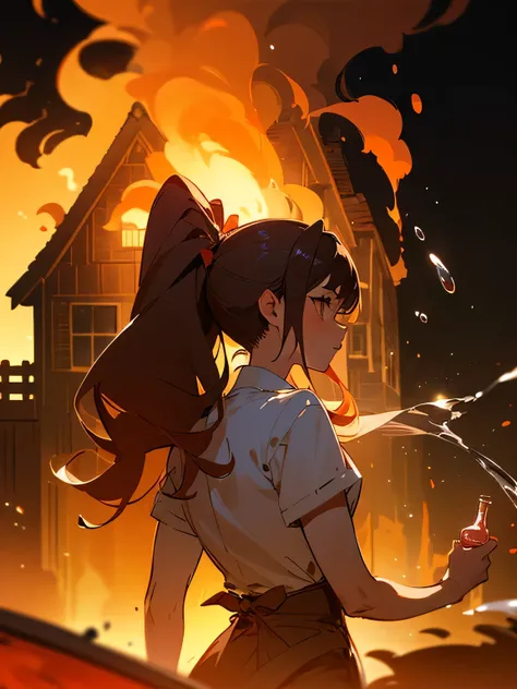 (from behind),((1girl,upperbody, silhouette:1.3)),(looking away:1.3),(((With the burning house on your back)))、(Veranda fence),Flaming background:1.5、 bright red flame with momentum holding a clear bottle in hand、(Black and Red:1.3),（A lot of pretty little...