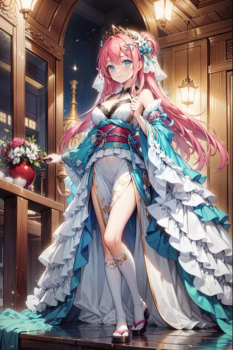 (  best quality  ,   high resolution, Textured Skin,   high quality, high detail,  extremely detailed CG unity  ),  teenage girl  ，obsessed，Divine happiness，in love，(Swimwear and Kimono:1.2)，  pink hair，  blue eyes，(Fabric headdress minimalism，Multi-layer ...