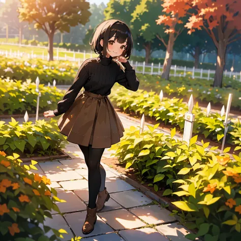 ( High Quality ,  high definition , Very detailed, reality:1.37), Peaceful atmosphere, (Outdoor, garden ,autumn),  teenage girl standing alone, Beautiful details,  cute smile with blush, (Black Bob), Ribbed sweater,Brown skirt, Black tights,  brown boots .