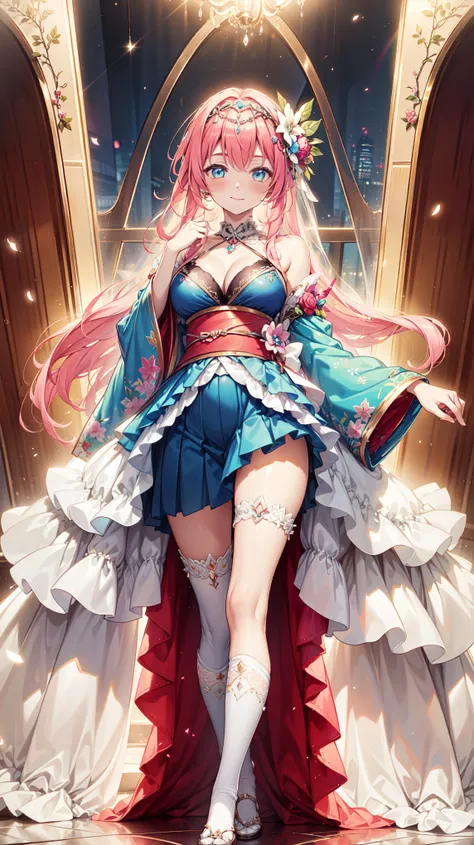 (  best quality  ,   high resolution, Textured Skin,   high quality, high detail,  extremely detailed CG unity  ),  teenage girl  ，obsessed，Divine happiness，in love，(Swimwear and Kimono:1.2)，  pink hair，  blue eyes，(Fabric headdress minimalism，Multi-layer ...