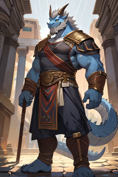 Solo, dragon, no tail, tailess, male, muscular, giant, enormous, muscular, steam coming out of nose, smirking, teeth, fangs, white teeth, sharp teeth, light blue body, light blue skin, yellow eyes, small horns, annunciated eyebrow scales, beard, white hair...