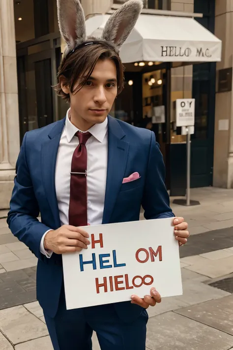 A furry rabbit in a posh suit holding a sign that reads "Hello Im Lopopu " that doesn&#39;t look realistic 