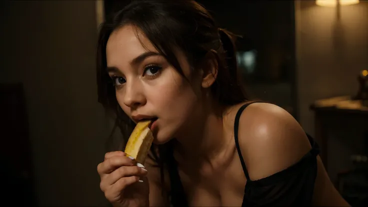 A young womans lips, lick, kiss to banana, her  eyes locked on hers banana, set against a dark and moody room at dusk, the air thick with anticipation and the thrill of a secret. lip to banana