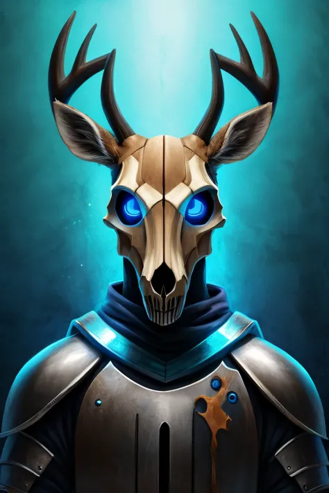 Furry,solo,young deer,neon blue eyes(Realistic eye detail),Bouncing body,skull face,Dressed in a rusted knight&#39;s uniform.,perfect anatomy,Holding a sword that was glowing with purple flames,Fireflies light all around,Standing in the middle of the deep ...