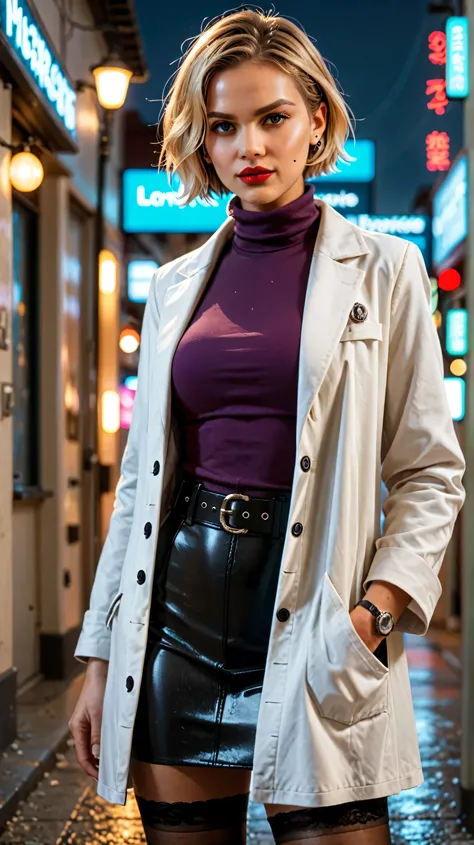 short blonde hair styled outward, wearing an open white lab coat over a fitted purple blouse with a high collar and a decorative ring. She has a short black leather skirt with a simple black belt, and underneath, dark stockings. Her expression is confident...