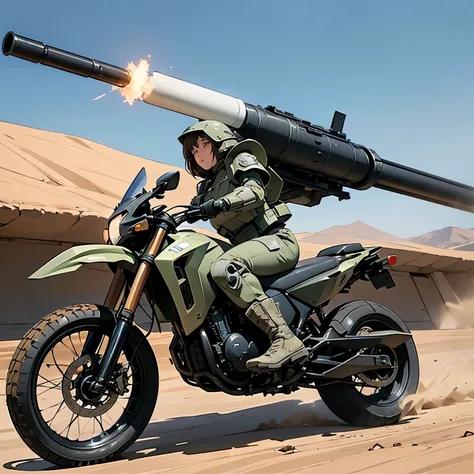 nsfw,  anime screencap , 16k, perfect anatomy proportion body,  action,  dynamic composition with a sense of speed and dynamism , (Ride a heavy armored off-road military motorcycle with a cannon:1.6), Beauty, 16age, perfect beautiful delicate sexy face, pe...