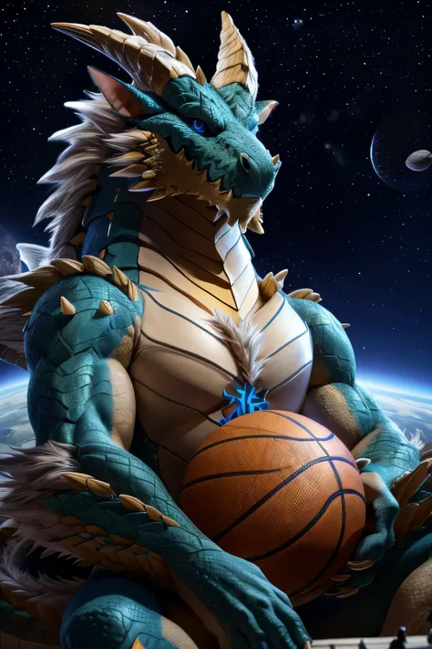 (full body), (soft shading), 4k, hi res, Zinogre, (dragon), Two-color, dragons eyes, Perfect eyes, Handsome, wearing white basketball jersey, (Happy eyes),look at viewer,(dragon horn),(dragon tail),(16K),White belly, Basketball in hand, smiling, macro, sit...