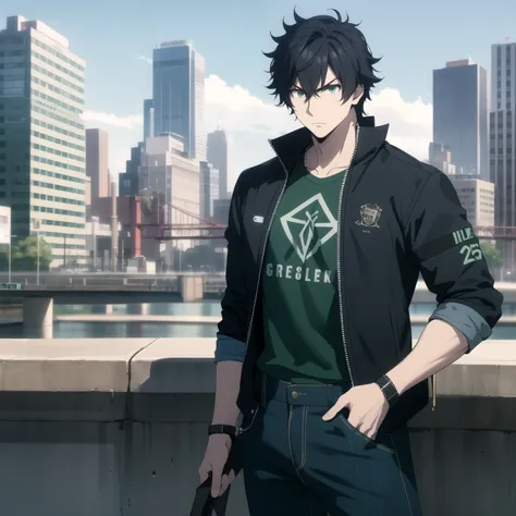 25-year-old male , attractive face . Messy black hair , emerald green eyes, athletic physique , Serious. green t-shirt , black jacket , denim pants. background a city.