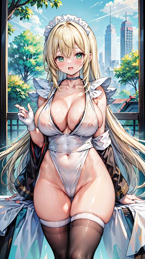 ABC、Japanese style maid、(beautiful long blond woman),  laughs,Green Eyes, (insanely big breasts:1.6),  cleavage, cowboy shot,  (detailed crotch area), (groin area), (SFW Giant:1.6), white kimono、 high leg,  thigh high socks, best quality,8k,masterpiece, Ve...