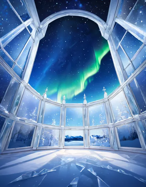 European room made of ice with a view of the winter starry sky、Curtains of the Northern Lights