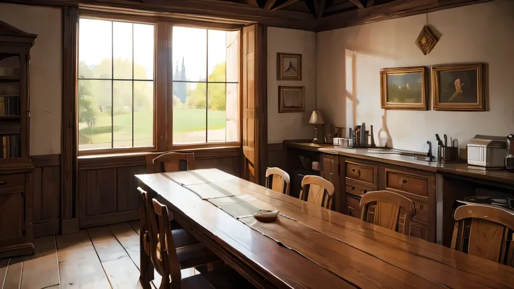 Medieval room，hall，LONG TABLE ，stove，notice board，window，daytime