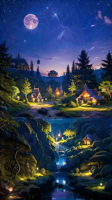 lake, Deep in the forest, Fairy Village , The fairy house, starry sky , night, A broad perspective, moonlight, imaginary, 4K, Details, ultra Details