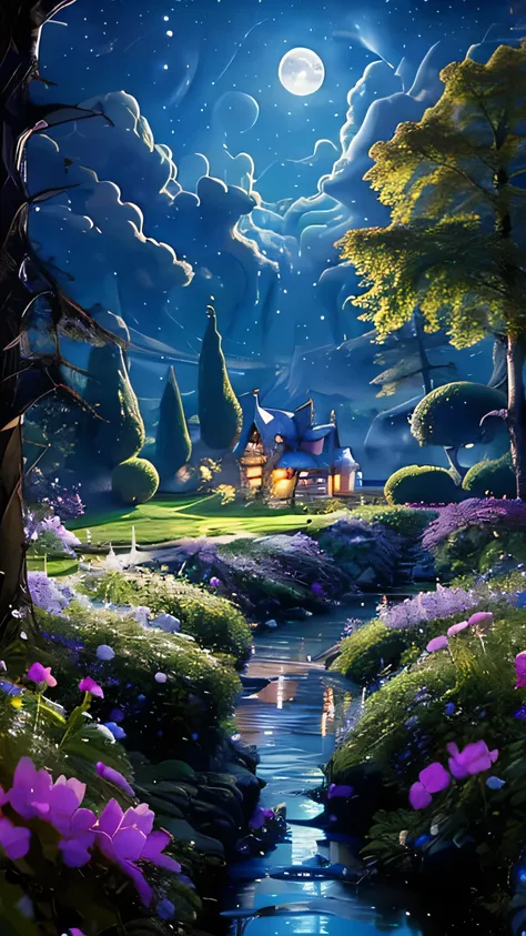 lake, river, flower, Deep in the forest, Fairy Village , The fairy white house,  starry sky , night, A broad perspective, moonlight,  imaginary, 4K,  Details, ultra  Details