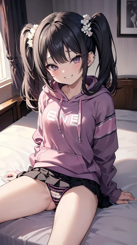 ((masterpiece、 best quality、 Very detailed))、 one girl、 black hair、twintails、 gray eyes、evil smile、(( clench teeth))、((lots of piercing))、(( smaller breasts))、((pink hoodie))、(( black pleated skirt ))、((black and white stripe panties))、 cowboy shot、 sit in...