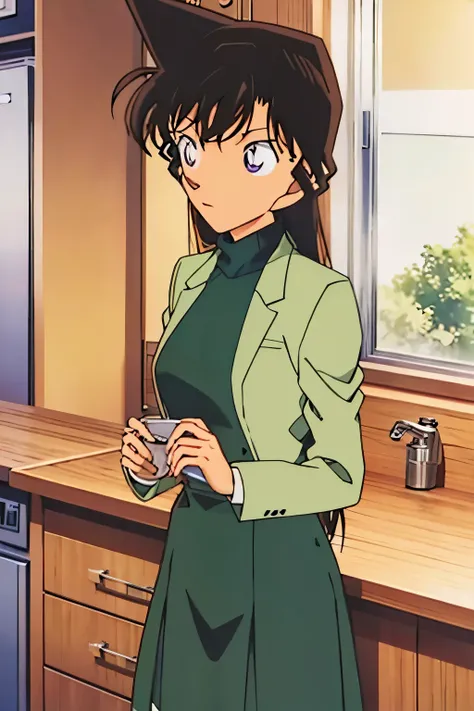 {{{Dylan}}},{{{ Detective Conan }}},{{{Long Hair}}},{{{official style }}},{{{adult}}},GREEN TURTLENECK dress skirt ,{ LIGHT GREEN CROPPED short JACKET }, Green Socks ,sink,laundry,kitchen,bringing upper body to the sink,open