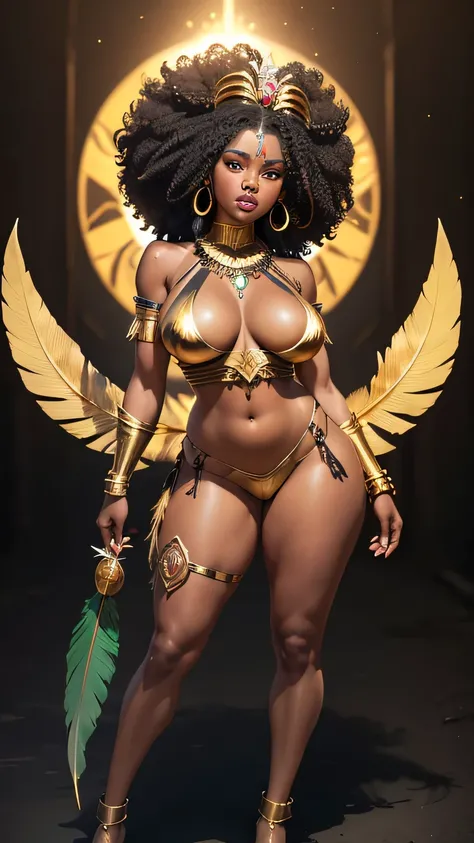 1 girl, dressed in Hufflepuff costume, Stand, wide hips, (big breasts), (((full body))), (thick thighs), ((wide hips)), ((((slim waist)))), tribal armor, dressed up with feathers and feathers on her head, stunning africano princess, Aztec warrior goddess, ...