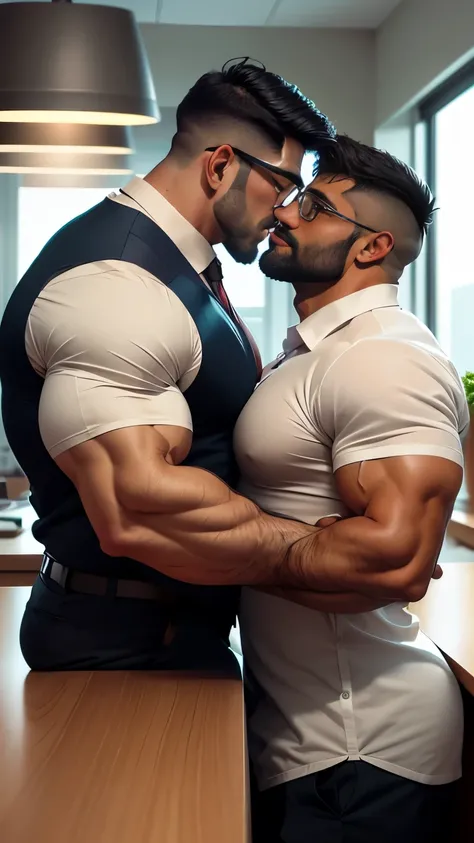 Award-winning original photos，2 indian men, a wild muscular man and a tall chubby man, (40 years old indian daddy:1.1), beards, burly, hunk, (office suits), one man wearing glasses, (leaning against the counter), kissing passionately while leaning to a wal...