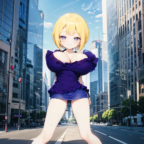 landscape, coastal city, ocean in distance, bluesky, glass-walled skyscrapers, BREAK, very young small girl standing, swaying back, arms behind back, (bouncing huge breasts), forced smile for viewer, looking for viewer, BREAK, flaxen short hair, skinny leg...