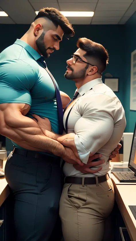 Perfect b8g huge penis coming out from trouser,  masterpiece Award-winning original photos，2 indian men, a wild muscular man and a tall chubby man, (40 years old indian daddy:1.1), beards, burly, hunk, (office suits), one man wearing glasses, (leaning agai...