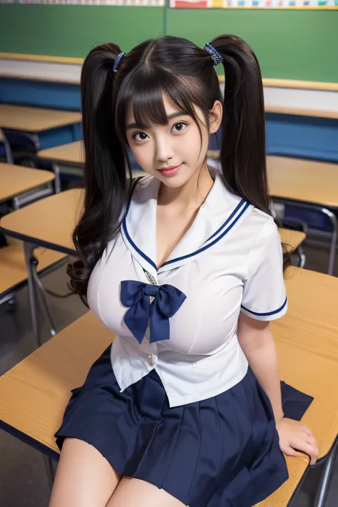 (Solo photo of a Japanese female junior high school 1st grader )　( above the knee shot )((  her hairstyle is up to the ankle growing 、 they have thick twin tails that are very wavy :1.2))　(wear Japanese School Uniform, Japanese girls uniform, Japanese , we...