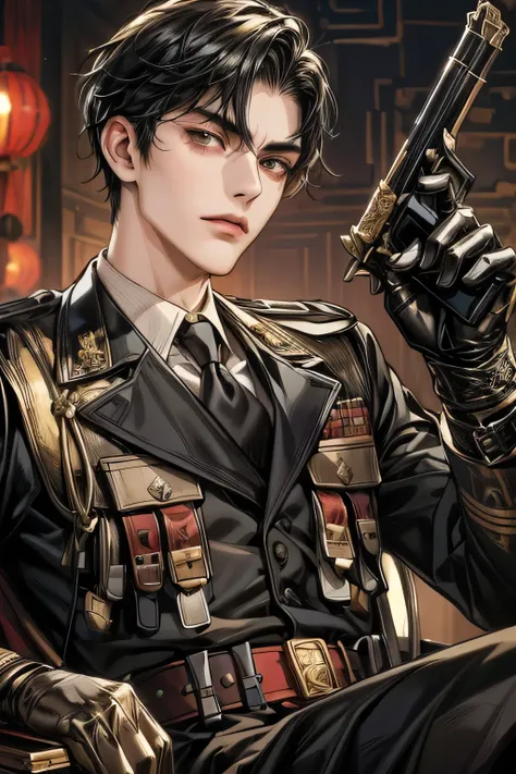 black hair,  black pupils ,Single, Handsome(28 years old,tall and straight,Wide Shoulder Narrow Waist , Eyebrow ,）,The buttonhole on the chest of the oil head ,（period：Chinese New Year ）（Warlord ） split lens , illustration,  Anime Style,  Surrealist Detail...