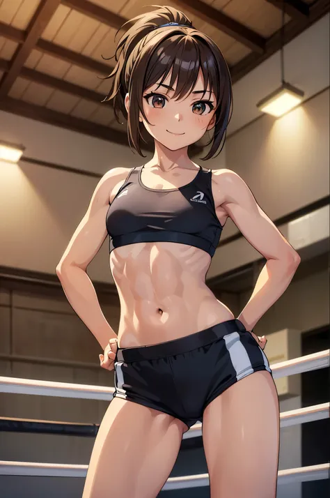 masterpiece, best quality, very detailed body, ultra detailed, very detailed face, (((anime))), ((1girl, 12yo)), (((sports bra, buruma))), ((smile expression)), ((hands on the hip)), (six pack abs:1.18), ((brown short hair, ponytail)), (((small breasts, fl...