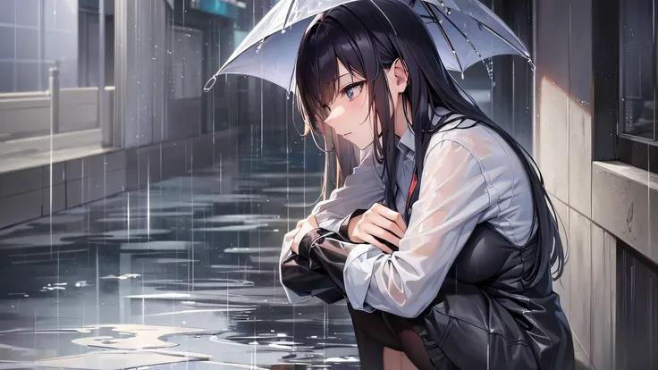 (( best quality)),( super A high resolution ),( ultra-detailed),(( Best Anime )),Sharpness,, art with amazing depictions, In the heavy rain:1.5, (A woman who crouches in fear), expression full of fear ,