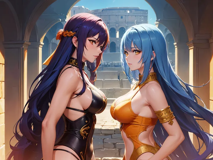 (( best quality)),( super A high resolution ),( ultra-detailed),(( Best Anime )),Sharpness,, art with amazing depictions, ( Two Female Gladiators Standing Side by Side), ( blue hair, yellow eyes,Big Breasts):1.3, ( orange hair,Red Eyes and Small Breasts ):...