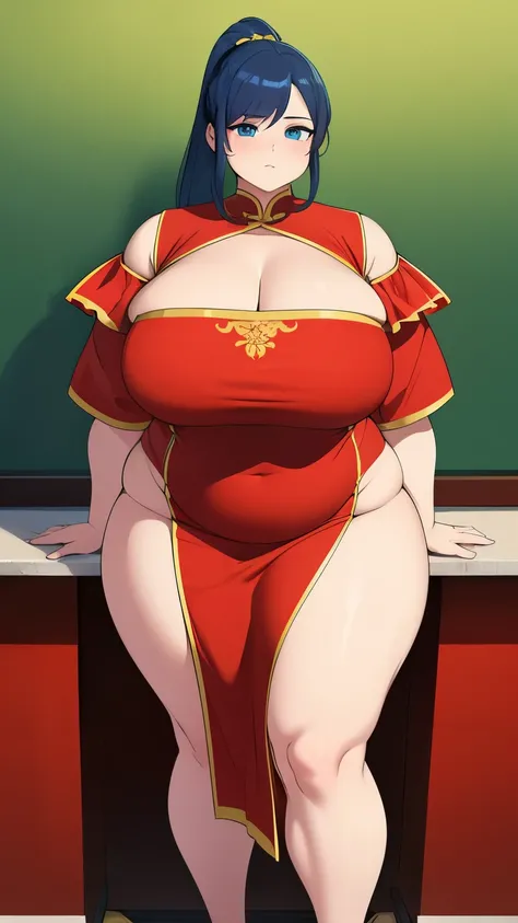 Masterpiece, ultra res, 4k ultra HD, obese woman, morbidly obese, fat, thicc, heavy, long hair, blue hair, ponytail, braided, blue eyes, thick arms, flabby arms, fat arms, thick legs, flabby legs, fat legs, high heels, massive thighs, massive forearms, Chi...