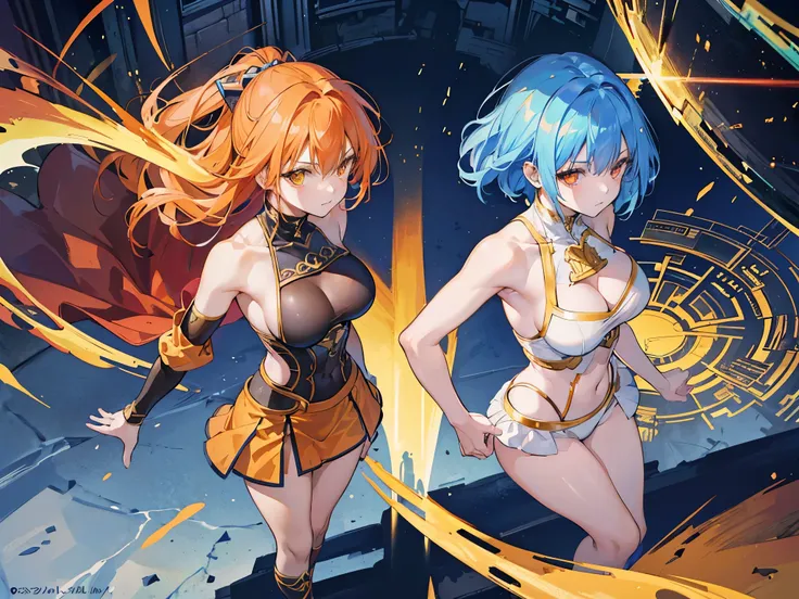 (( best quality)),( super A high resolution ),( ultra-detailed),(( Best Anime )),Sharpness,, art with amazing depictions, ( Two Female Gladiators Standing Side by Side), ( blue hair, yellow eyes,Big Breasts):1.3, ( orange hair,Red Eyes and Small Breasts ):...