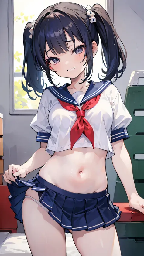 ((masterpiece、 best quality、 Very detailed))、 one girl、 black hair、twintails、 gray eyes、evil smile、(( clench teeth))、 smaller breasts、(( sailor suit ))、Short sleeve、belly button、(( navy blue pleated skirt))、((micro miniskirt))、((white panties))、 cowboy sho...