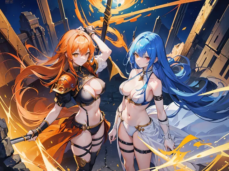 (( best quality)),( super A high resolution ),( ultra-detailed),(( Best Anime )),Sharpness,, art with amazing depictions, ( Two Female Gladiators Standing Side by Side), ( blue hair, yellow eyes,Big Breasts):1.3, ( orange hair,Red Eyes and Small Breasts ):...