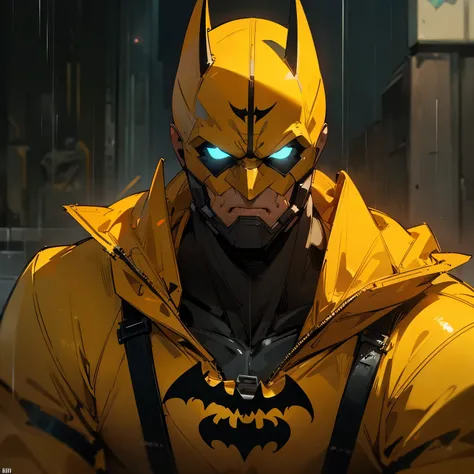 a batman in a yellow hazmat suit, highly detailed, 8k, photorealistic, cinematic lighting, dynamic pose, muscular body, detailed facial features, intense expression, weathered suit, dramatic shadows, gritty urban environment, neon lights, rainy atmosphere,...