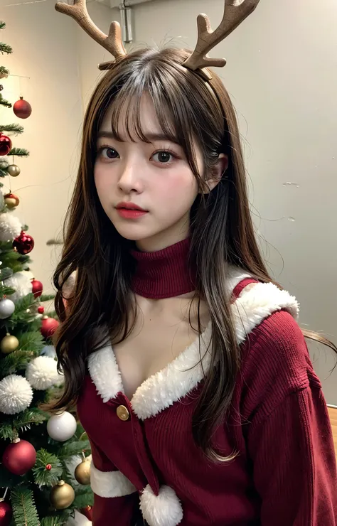  Play、 very cute ,  1 Japanese idol , 20 years old、 symmetrical eyes next to woman ,  eyelash ,  Extremely thin skin with great attention to detail ,perfect anatomy ( chubby,),Alone,  red sweater, clevis,cenBull,Bull,( Christmas style :1.2), christmas deco...