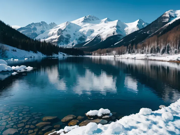 a tranquil lake, calm water surface reflecting the sky, lush green forest surrounding the scenery, sunlight glimmering on the wa...