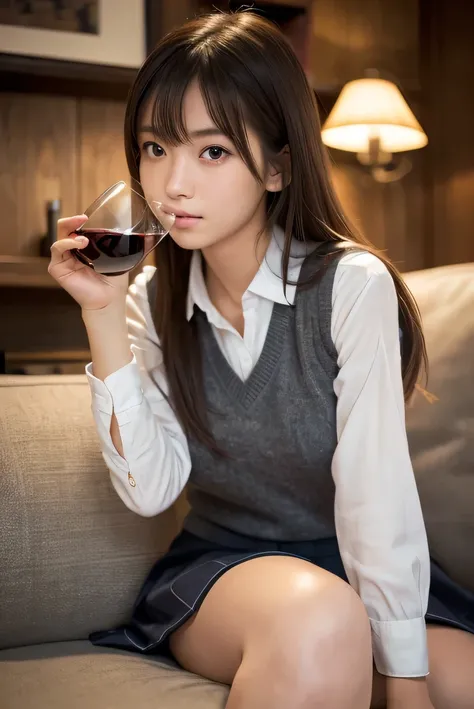  best quality,  face focus, Soft light,   Ultra High Resolution, (photorealistic:1.4),  RAW photos ,
 one Japanese girl drinking wine, Alone, cute, (pupil,  Details of human skin texture with individual lights hitting the eyes  ),   detailed, ( small breas...