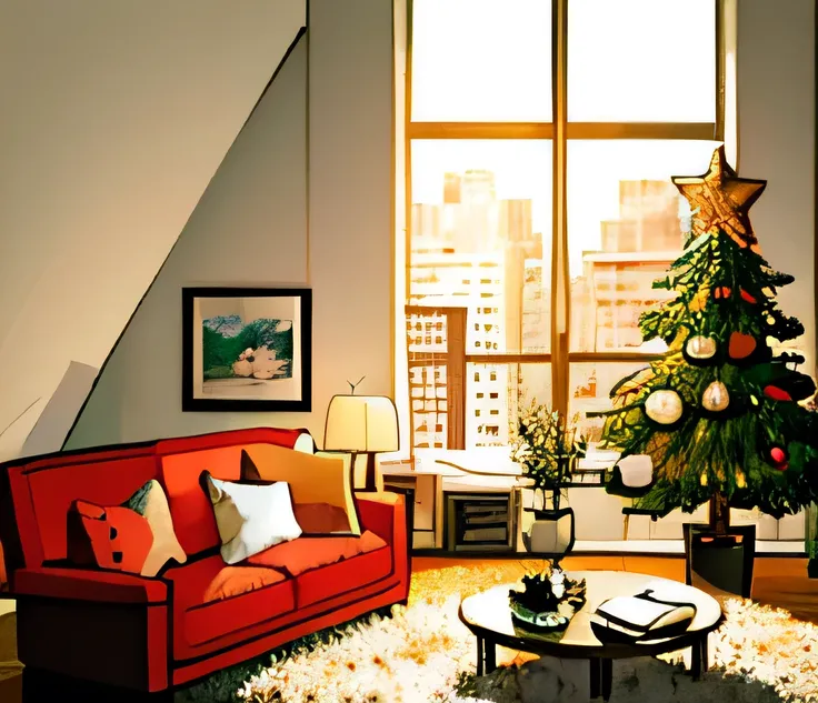 An apartment living room with big window in day light. Theres a sofa with small coffee table and Christmas tree behind the sofa. 