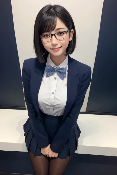 Navy Blue Blazer、(( Hides below the knee with a navy blue tight skirt))、White blouse、((navy blue plain large bow tie))、((( blue pantyhose)))、(( black loafers))、(( Full body photo of a standing figure showing up to the feet ))、Cute high school girls、Height:...