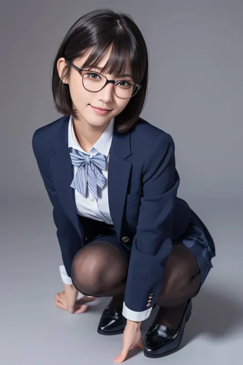 Navy Blue Blazer、(( Hides below the knee with a navy blue tight skirt))、White blouse、((navy blue plain large bow tie))、((( blue pantyhose)))、(( black loafers))、((A full-body photo of a crouching figure showing all the way to the feet))、Cute high school gir...