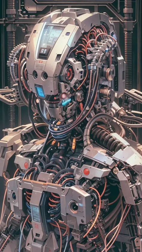 (( best quality)),( super A high resolution ),( ultra-detailed),(( Best Anime )),Sharpness,, art with amazing depictions, electromechanical,( android ,Body fused to the machine , machine parts are exposed from the body, cables connected to the body )