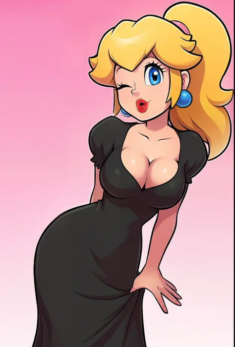 ONE sexy princess peach (sexy wink, cleavage, red lips, black dress, ponytail), detailed