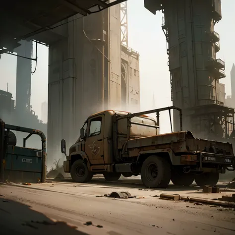 a strange phallic-shaped truck, extremely detailed, photorealistic, 8k, hyper-realistic, cinematic lighting, dramatic shadows, dystopian sci-fi atmosphere, gritty industrial setting, weathered and rusted surfaces, complex machinery, ominous presence, unset...