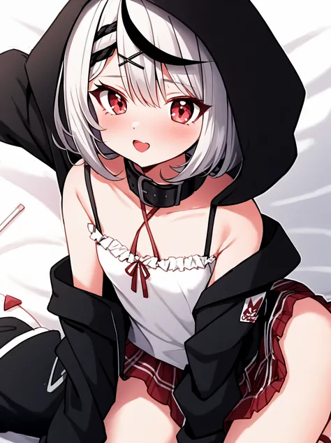  1 girl, Chloe, sakamata Chloe, Alone, Gloves, red eyes, Head ornament,  red ribbon ,  plaid ribbon, Grey Hair,  Multi Colored Hair,  black hair,  striped hair, bangs,  shorthair,  off shoulder, Bare shoulders,  medium chest ,  hoodies ,  white shirt,  jac...